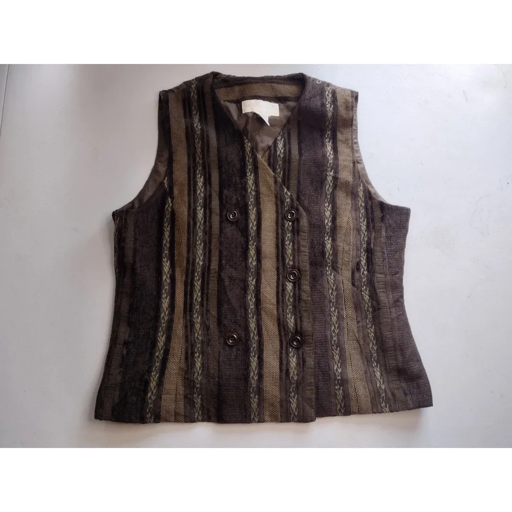 Casual Corner Vintage Striped Tapestry‎ Vest Brown Olive Double Breasted Size 10
